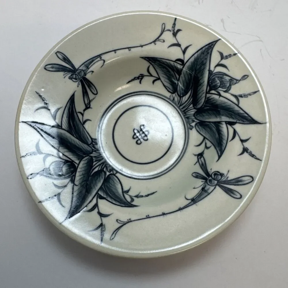 Bat Trang Vietnamese Hand Painted Pottery 2 Bowl heart trinket dish Dragonflies